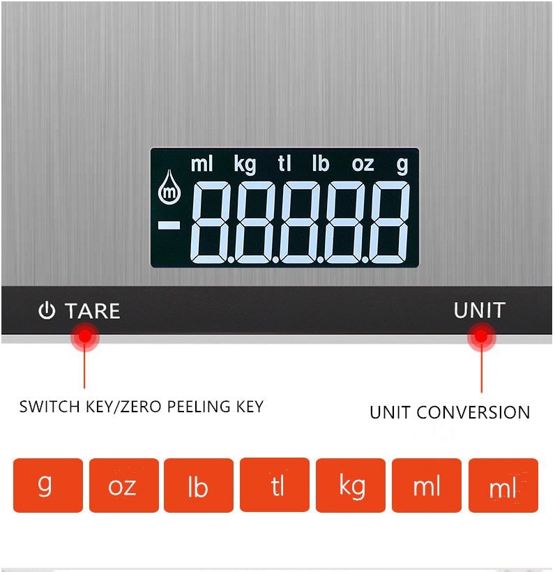 5kg Kitchen Scale Multi-Function Electronic Scales Weighing Scale Food Diet Balance Measuring Tool  Stainless Steel 7 Units