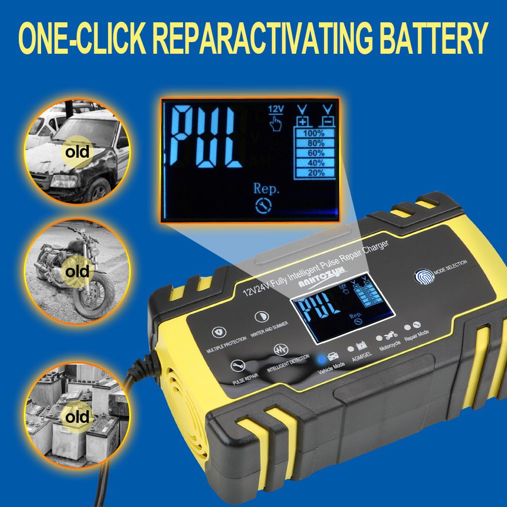 Full Automatic Car Battery Charger Pulse Repair 12V-24V 8A Digital LCD Display Wet Dry Lead Acid Battery-chargers Power Charging