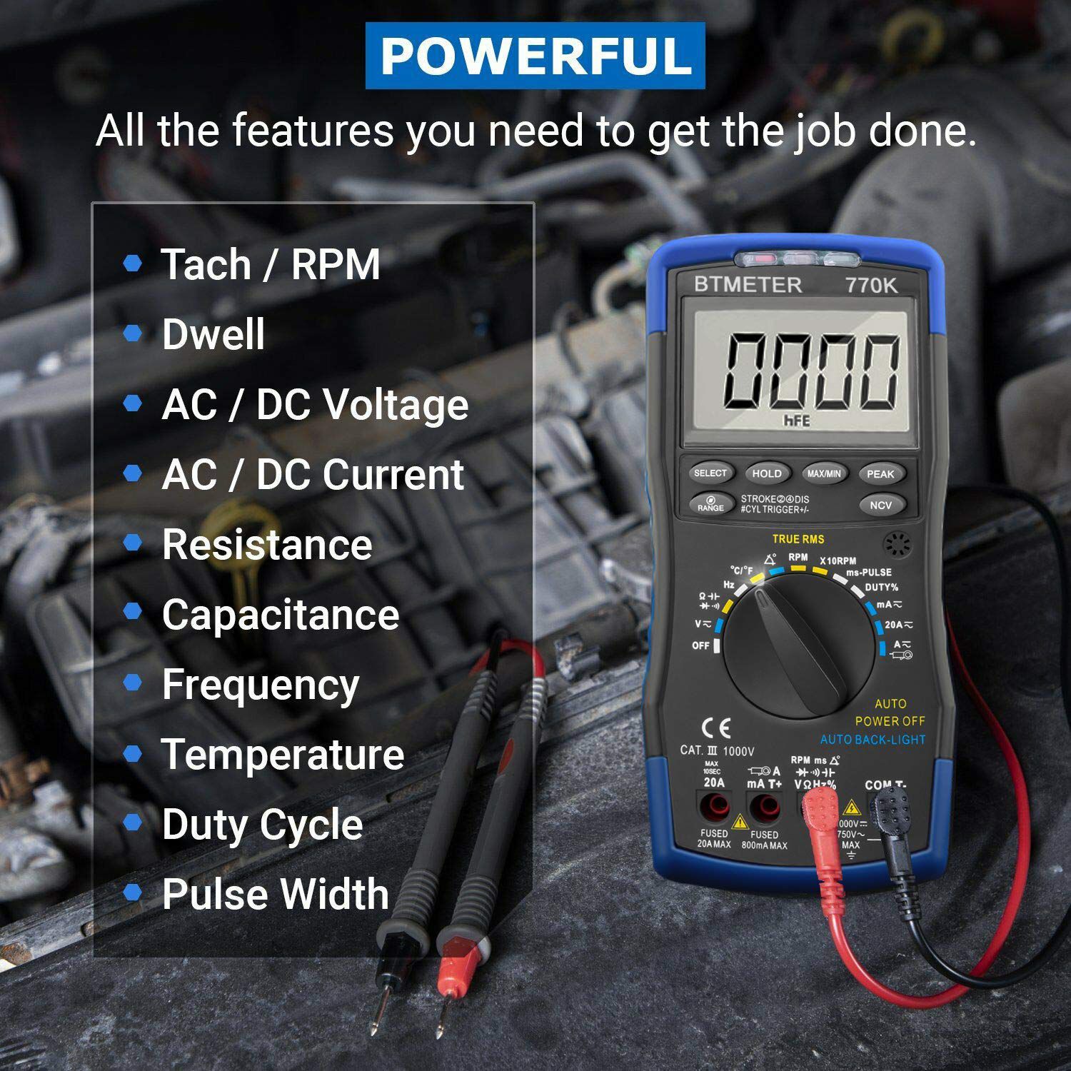 HP-770K Automotive AC/DC Dwell Multimeter With Temperature Resistance Handsel RPM Indudctive Pick-up or AC/DC Current Clamp Adapter