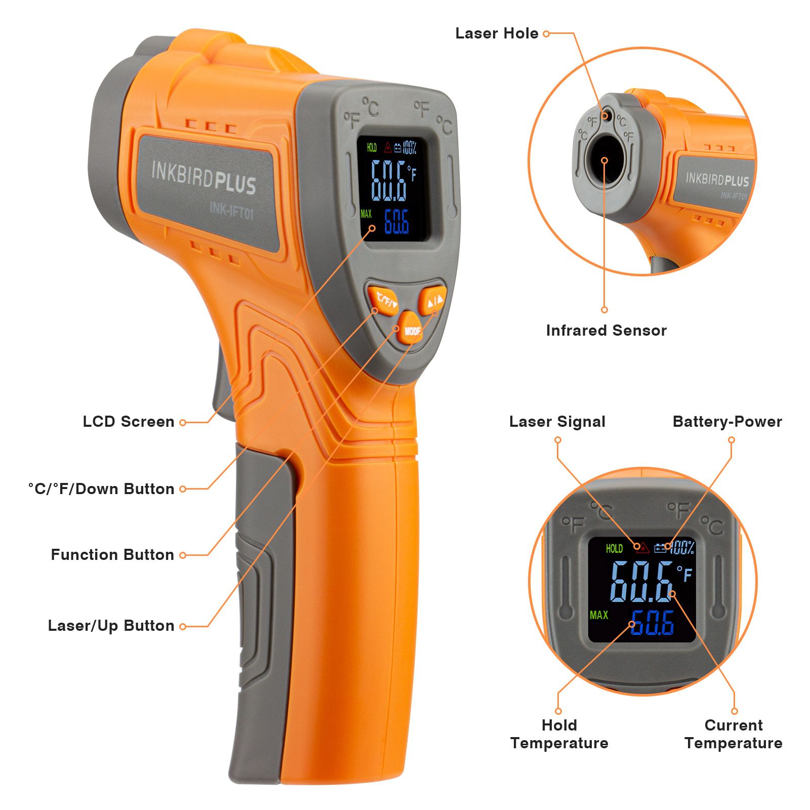 INK-IFT01 Laser Infrared Thermometer Non-Contact Digital Temperature Gun Instant Read Thermometer for Industrial&Kitchen