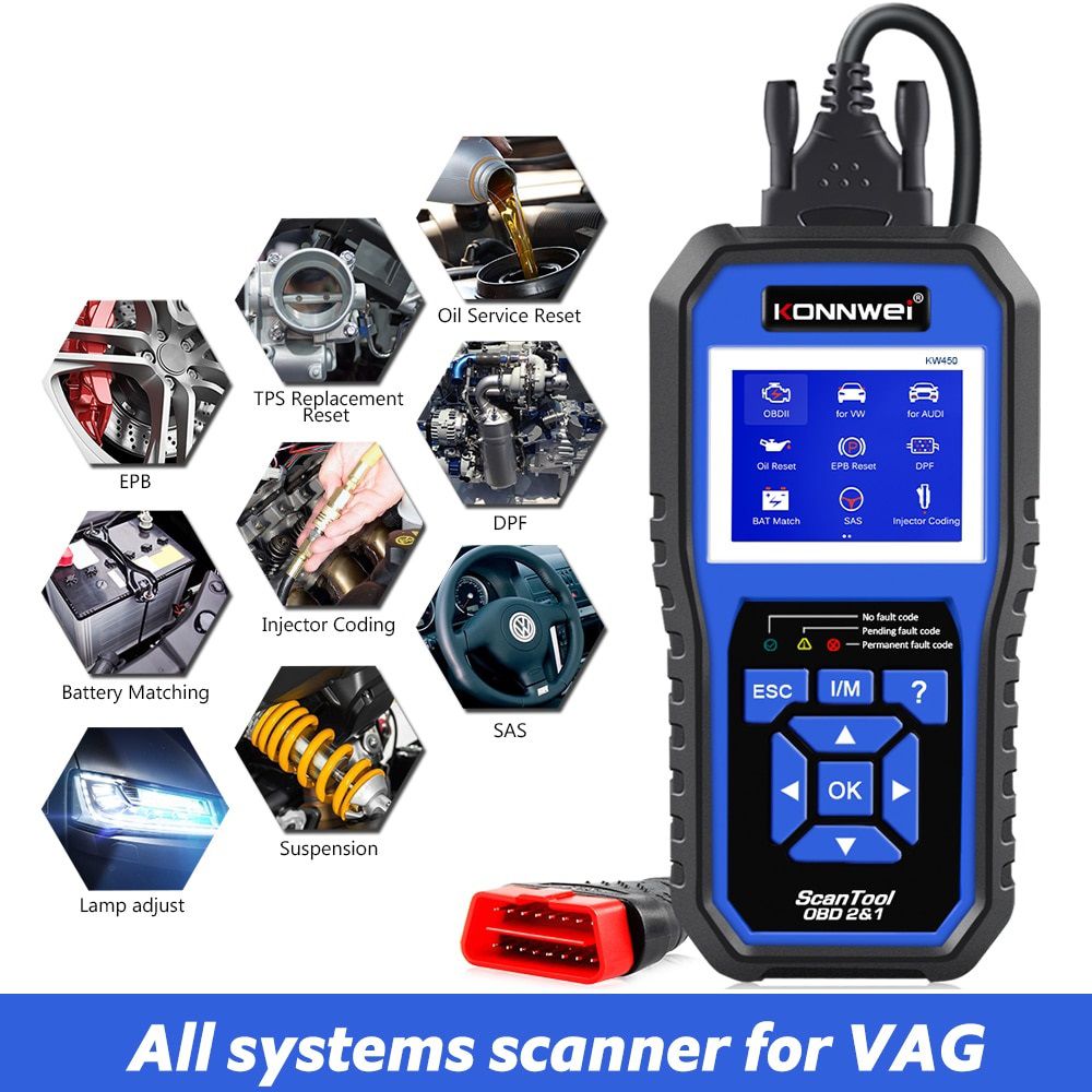 KONNWEI KW450 OBD2 Diagnostic Tool for VAG Cars VW Audi ABS Airbag Oil ABS EPB DPF SRS TPMS Reset Full Systems Scanner VAG COM