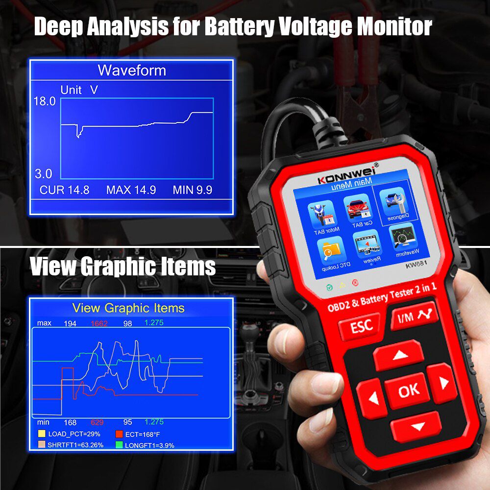 KONNWEI KW681 6V 12V Car Motorcycle Battery Tester Auto Diagnostic Tool 2 in1 2000 CCA Car OBD2 Scanner Full OBD 2 Function