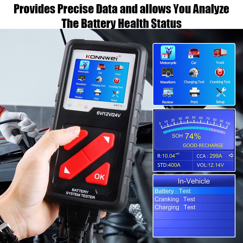 KONNWEI KW710 Motorcycle Car Truck Battery Tester 6V 12V 24V Battery Analyzer 2000 CCA Charging Cranking Test Tools for the Car