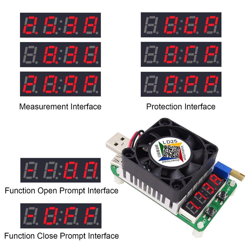 LD25 USB Interface Electronic Load Resistor USB Load Tester Discharge Battery test LED Fan adjustable current voltage 25w