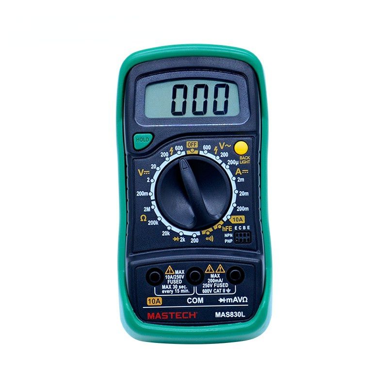 MAS830L Mini Digital Multimeter Handheld LCD Display DC Current Tester Backlight Data Hold Continuity Diode hFE Test