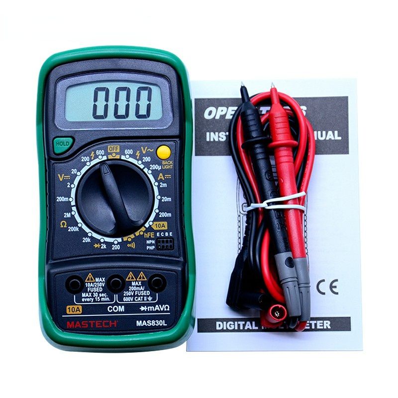 MAS830L Mini Digital Multimeter Handheld LCD Display DC Current Tester Backlight Data Hold Continuity Diode hFE Test