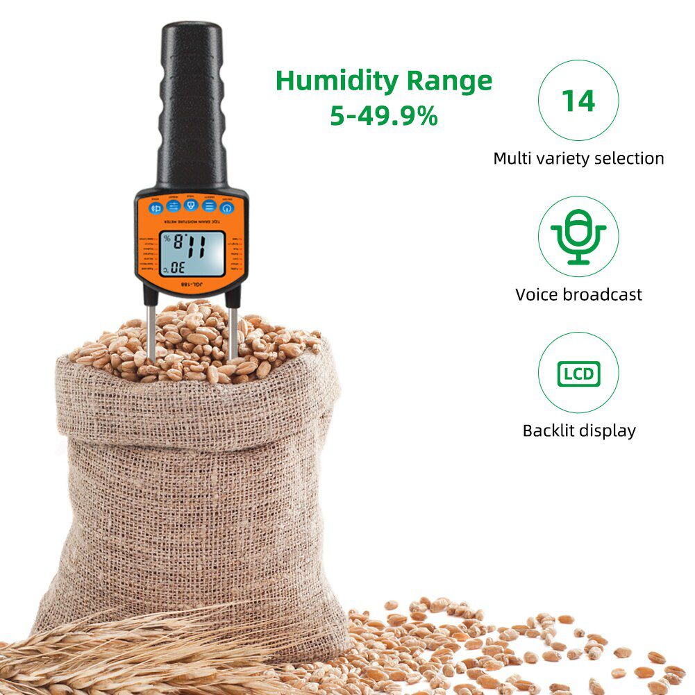 JGL-188 Digital Grain Moisture Meter Humidity Temperature Tester LCD Metal Sensor Voice Broadcast for Corn Wheat Rice Bean Flour