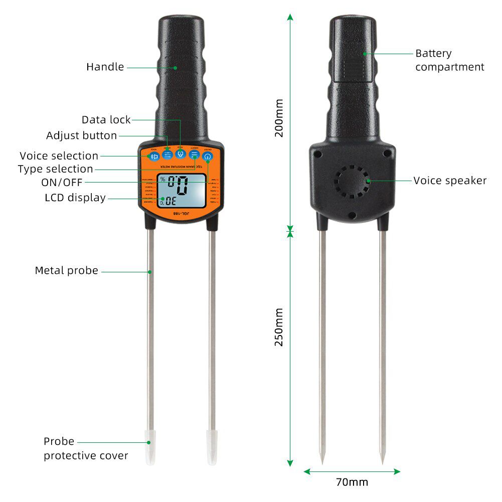 JGL-188 Digital Grain Moisture Meter Humidity Temperature Tester LCD Metal Sensor Voice Broadcast for Corn Wheat Rice Bean Flour