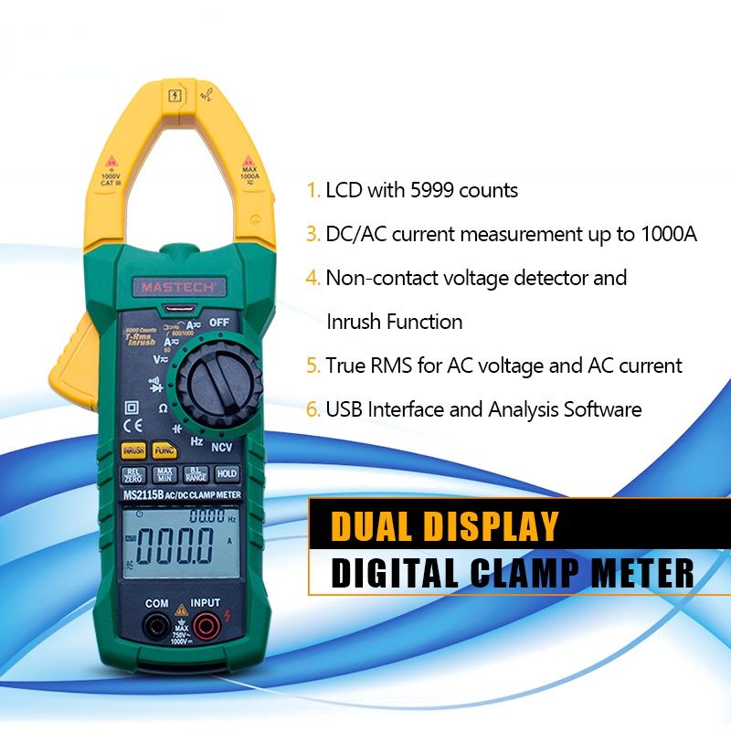 MS2115B Digital current clamp meter AC/DC current voltage 6000 Counts NCV trms USB clamp meter mulitimeter tester 1000A