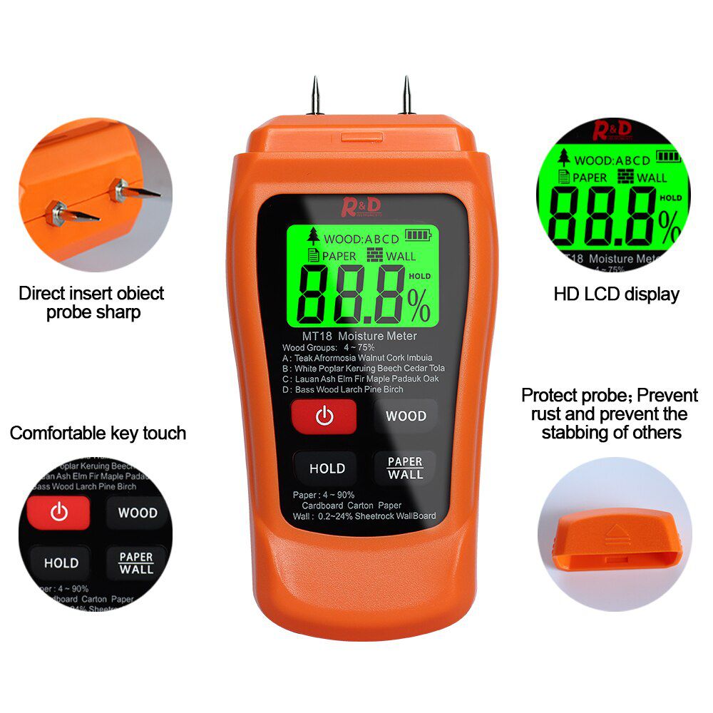 MT-18 Wood Moisture Meter Paper Humidity Tester Wall Hygrometer Timber Damp Detector Tree Density Tester Orange