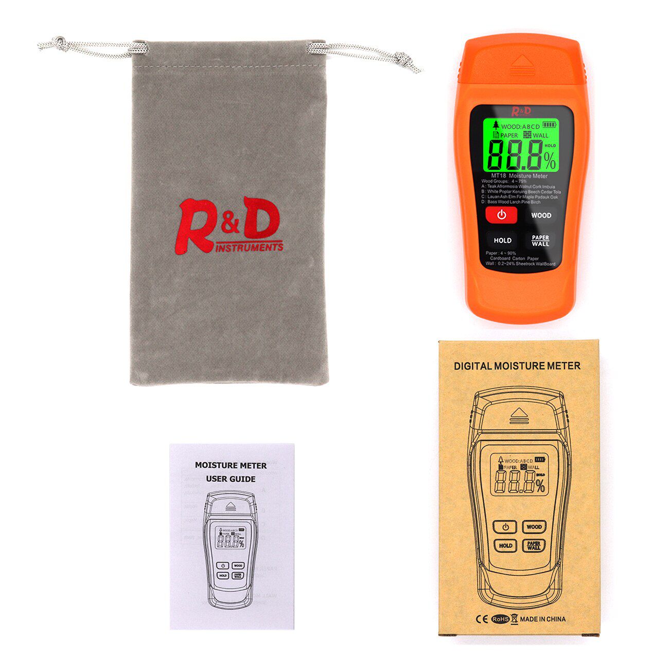 MT-18 Wood Moisture Meter Paper Humidity Tester Wall Hygrometer Timber Damp Detector Tree Density Tester Orange