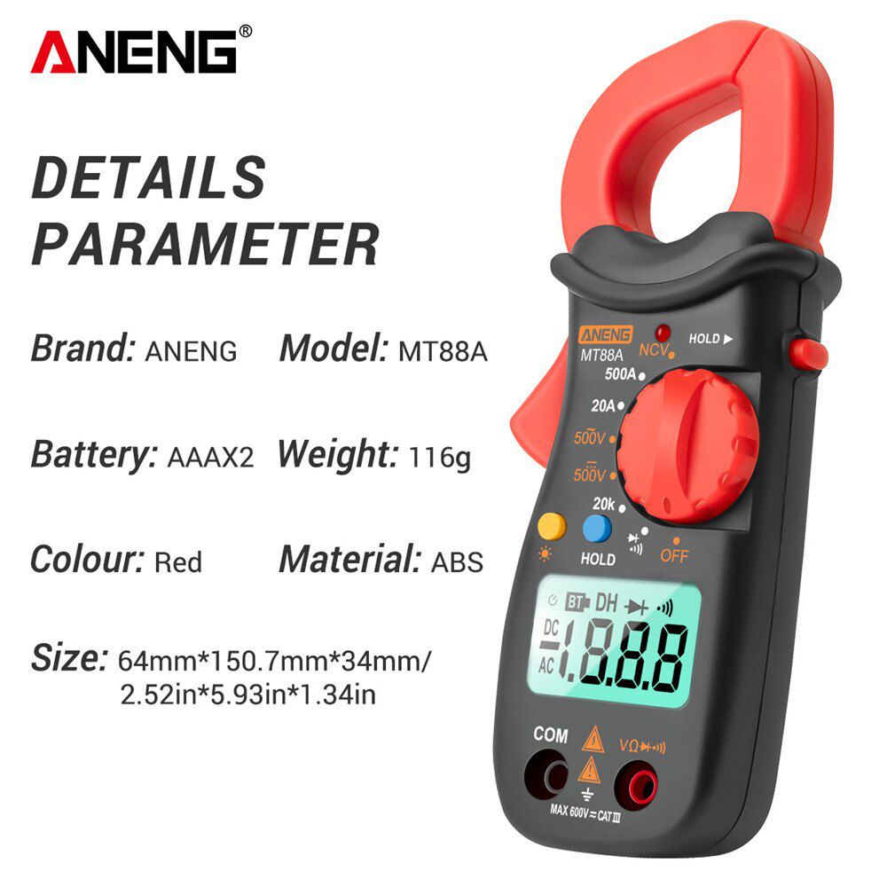 MT88A Digital Professional Clamp Meter AC Current 6000 Counts True RMS Multimeter DC/AC Voltage Tester Diode NCV Ohm Tests