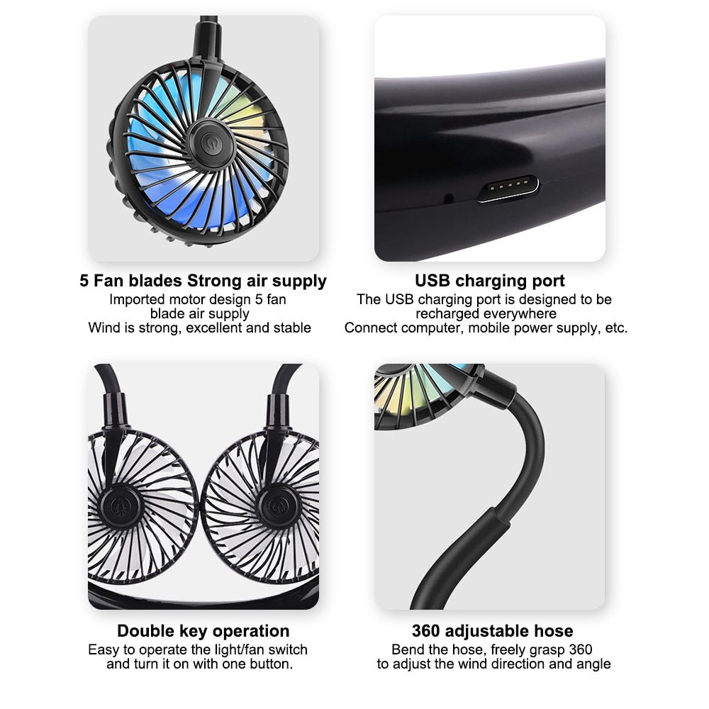 New USB Hands-Free Hanging Neck Fan Mini Personal Portable Cooling Fan 7Color LED Lights Air Cooler Neck Fan Personalized Fan