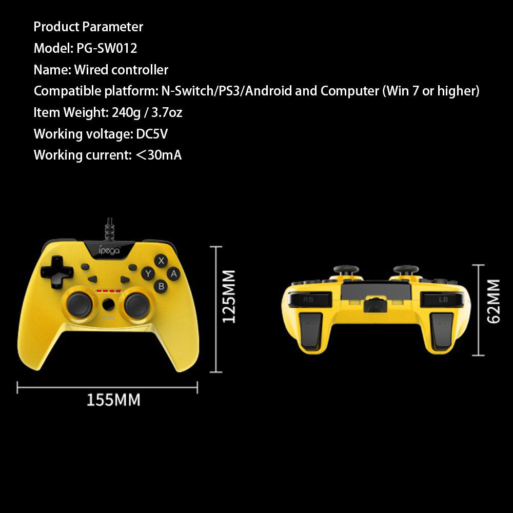 PG-SW012 Wired Controller Gamepad Dual-Vibration Turbo 3-Meter Cable Compatible with N-Switch/PS3/Android and Computer