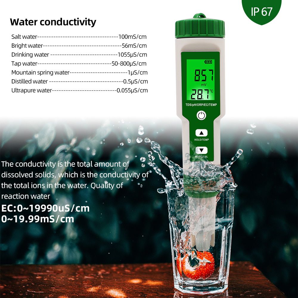 5 in 1 PH/TDS/EC/ORP/Temperature Meter PH Meter Digital Water Quality Monitor Tester for Pools Drinking Water Aquariums