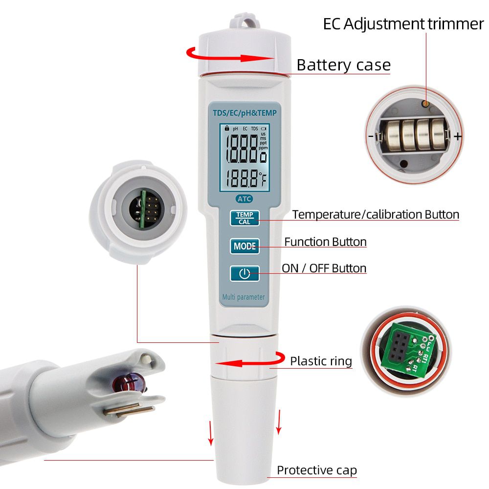 4 in 1 PH/TDS/EC/Temp Meter Waterproof PH Meter Water Quality Meter PH tester for Pools, Drinking Water, Aquariums