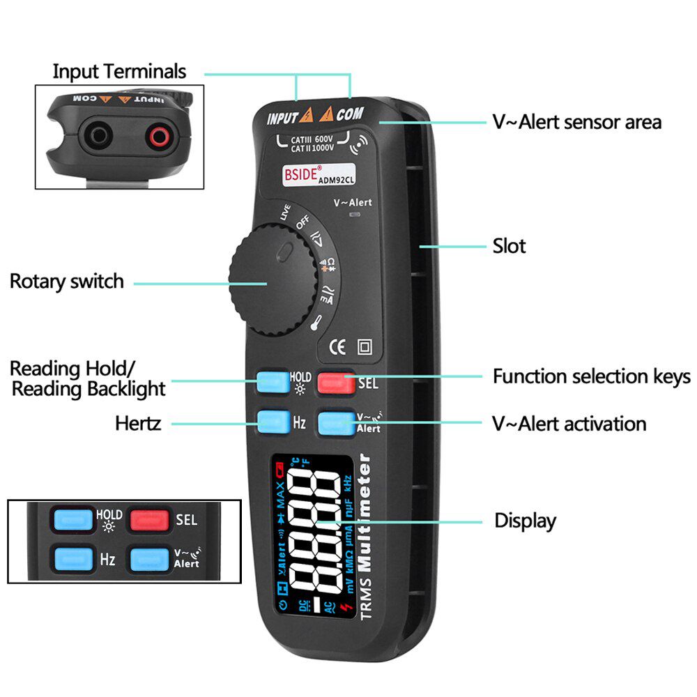 ADM92CL Pocket Digital Multimeter Color LCD Auto Range True RMS Voltmeter voltage Pen Capacitance NCV Tester DIY Electricity Tool