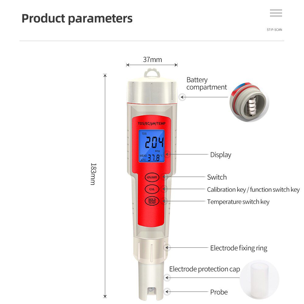 Professional 4 in 1 PH/TDS/EC/Temperature Meter Digital Water Quality Monitor Tester for Pools, Drinking Water, Aquariums