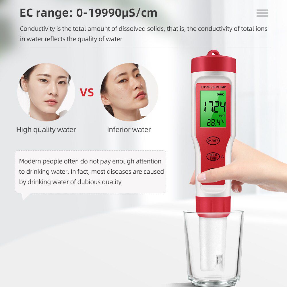 Professional 4 in 1 PH/TDS/EC/Temperature Meter Digital Water Quality Monitor Tester for Pools, Drinking Water, Aquariums