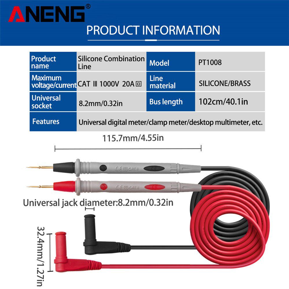 PT1008 20A 1000V Silicon Rubber Wire Retardant Gilded Sharp Needle Probe Digital Multimeter Test