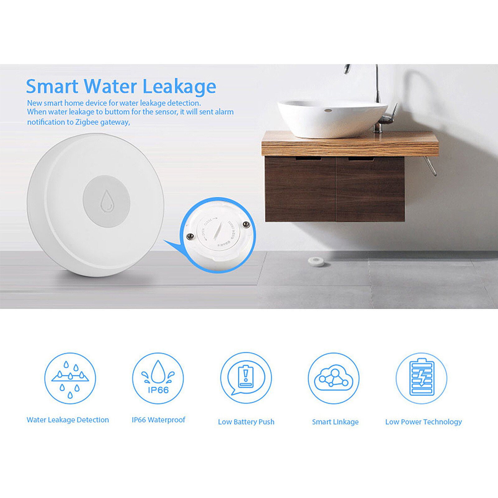 Smart Home Water Leak Sensor Wireless Flooding Detector Water Leakage Detection Alert Water Level Overflow Alarm eWelink