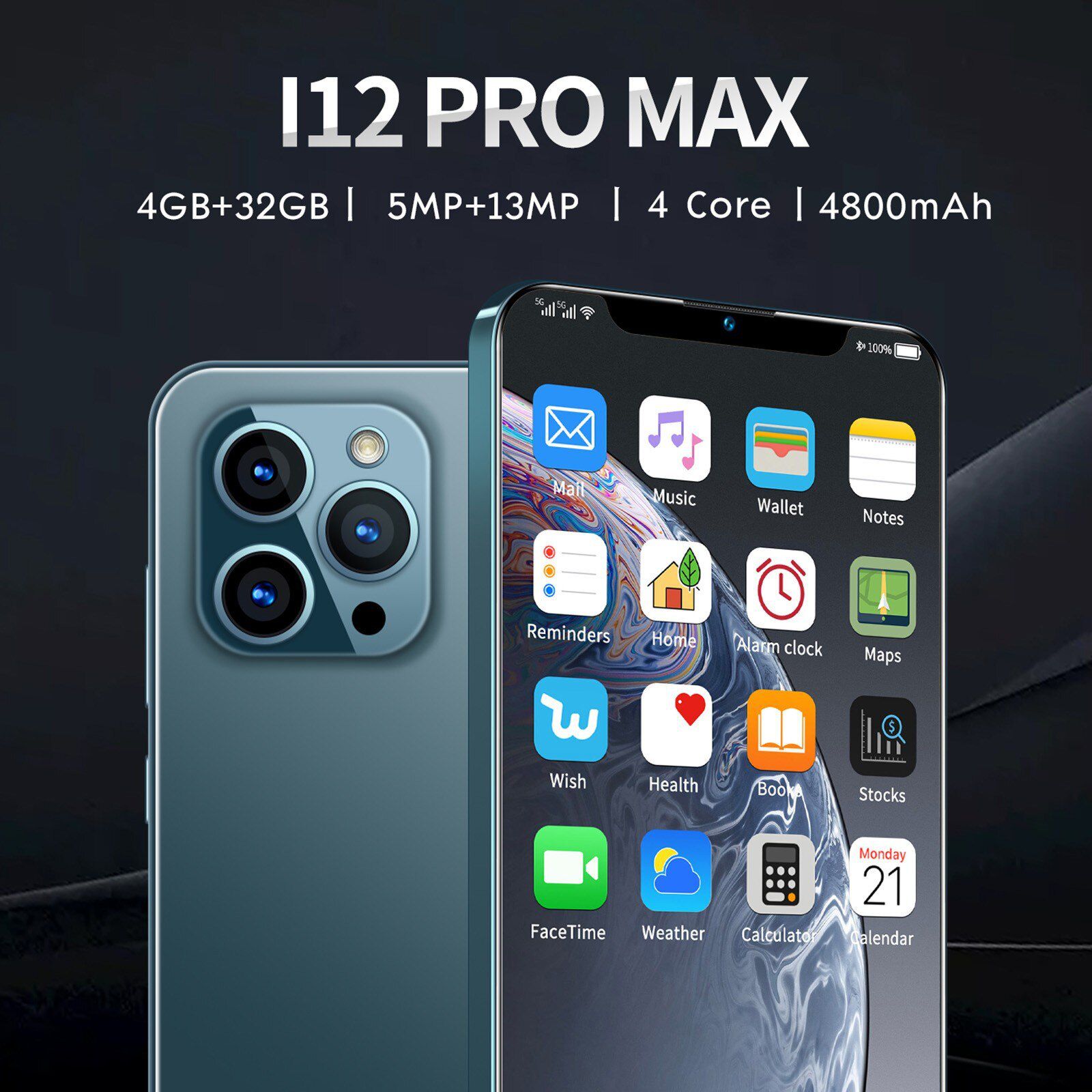 2021 Smartphones I12 Pro Max Smart Phone Unlocked Android 4+32G RAM 6.8