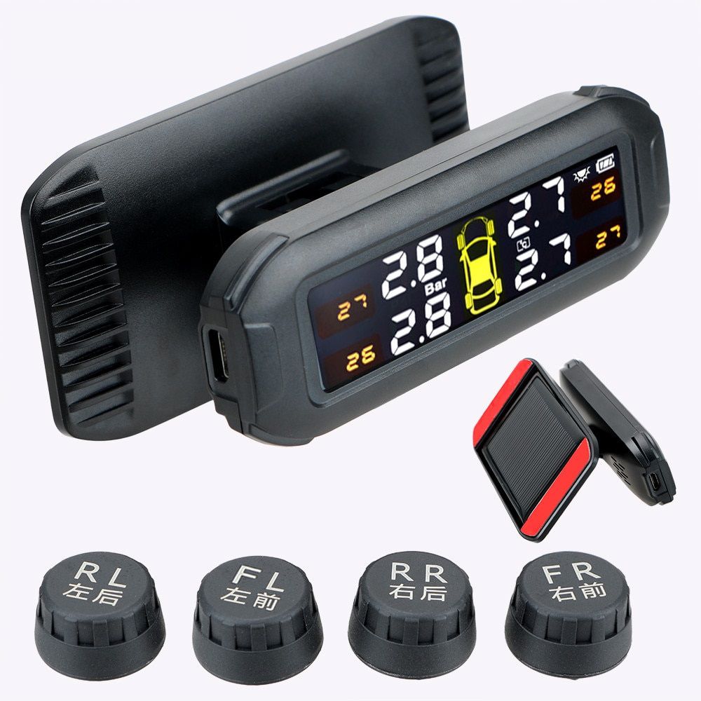 Solar TPMS Tire Pressure Monitoring System Temperature Warning Fuel Save Car Tyre Pressure Monitor With 4 External Sensors