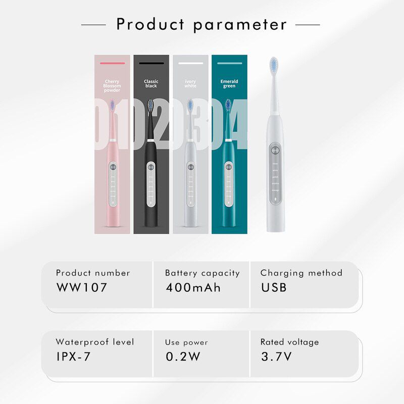 Sonic Electric Toothbrush Ultrasonic Automatic Smart Tooth Brush USB  Charge Quiet  Fast Charging  Full-body Waterproof 400mAH