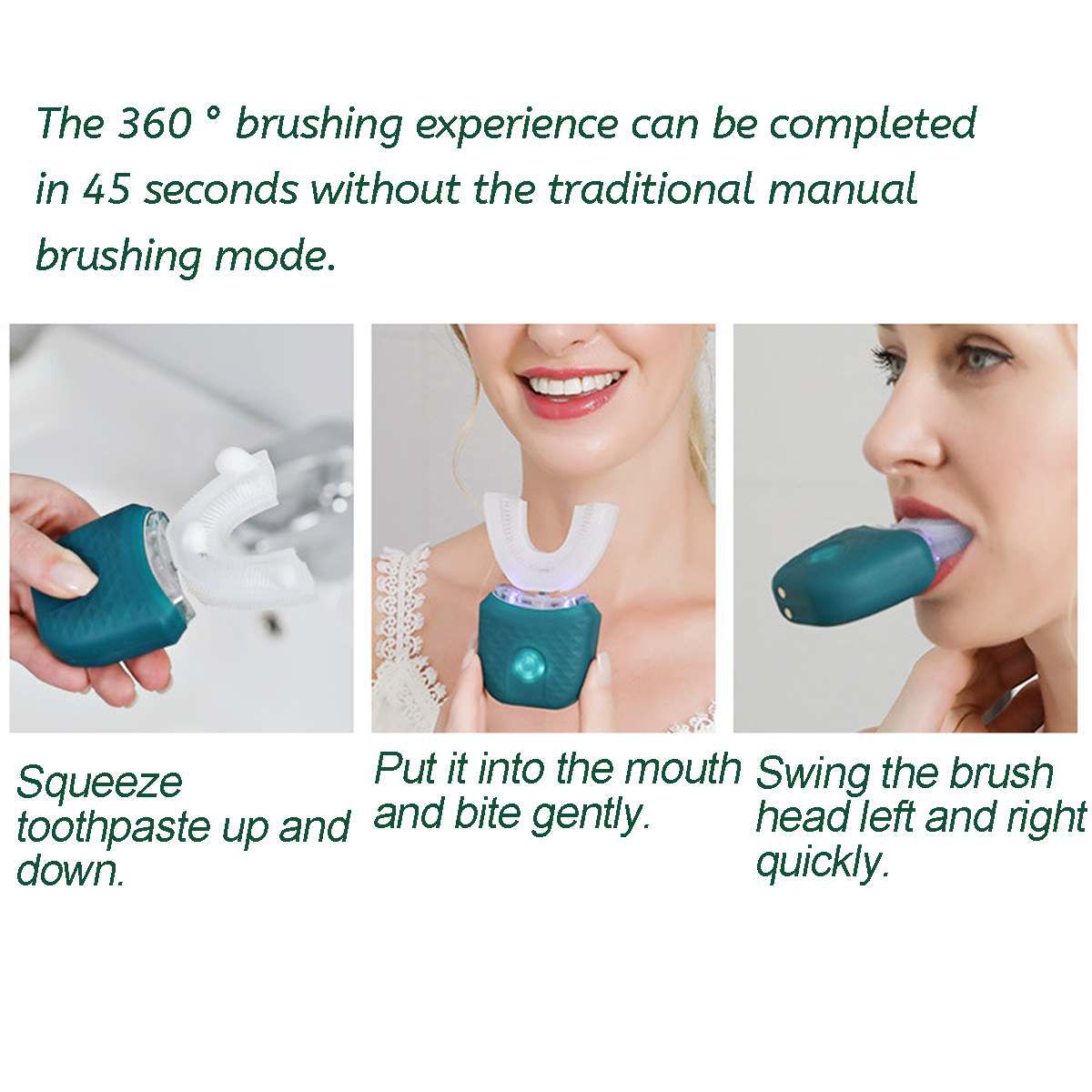 360 Degrees Intelligent Automatic Sonic Electric Toothbrush Waterproof USB Rechargeable Ultrasonic U Shape 3 Modes Timer