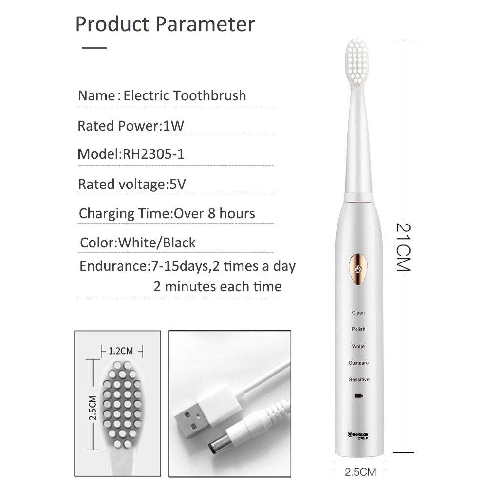 Ultrasonic Sonic Electric Toothbrush Rechargeable Tooth Brushes Washable Electronic Whitening Teeth Brush Adult Timer 5 Gears