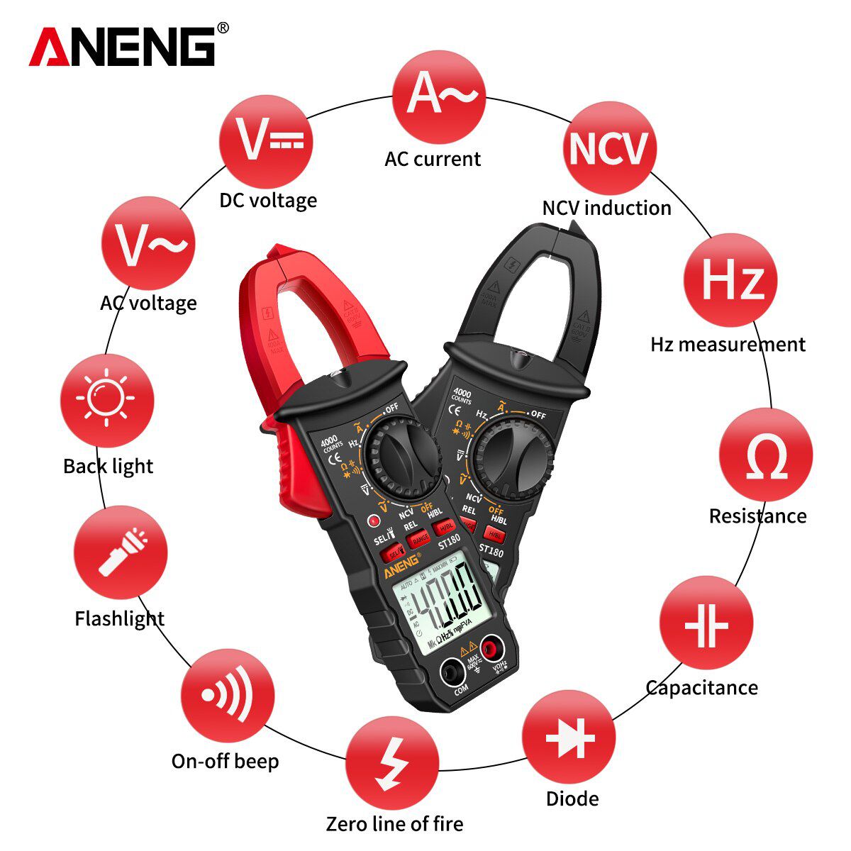 ST180 4000 Counts Digital Clamp Meter AC Current  Multimeter Ammeter Voltage Tester Car Amp Hz Capacitance NCV Ohm Tool