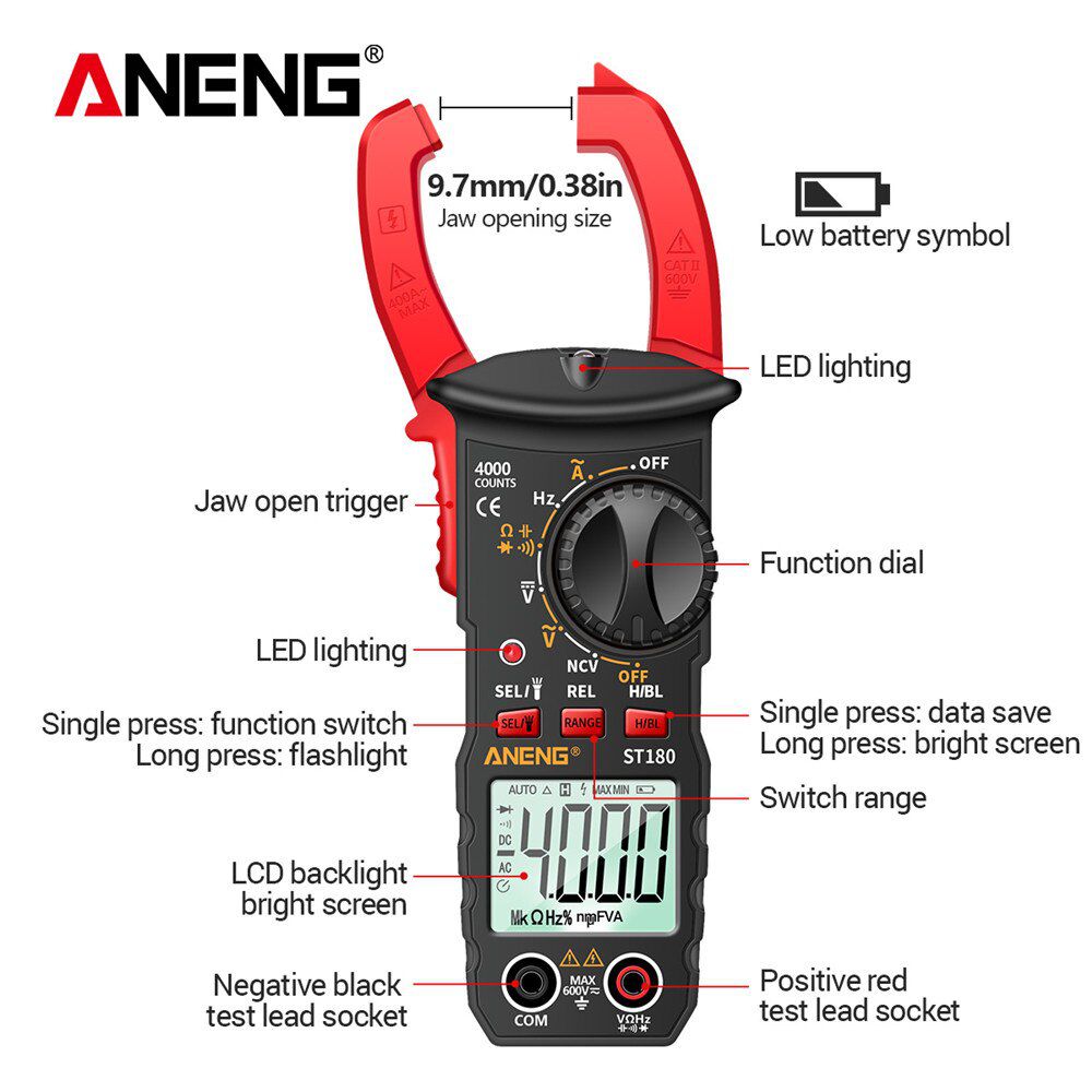 ST180 4000 Counts Digital Clamp Meter AC Current  Multimeter Ammeter Voltage Tester Car Amp Hz Capacitance NCV Ohm Tool