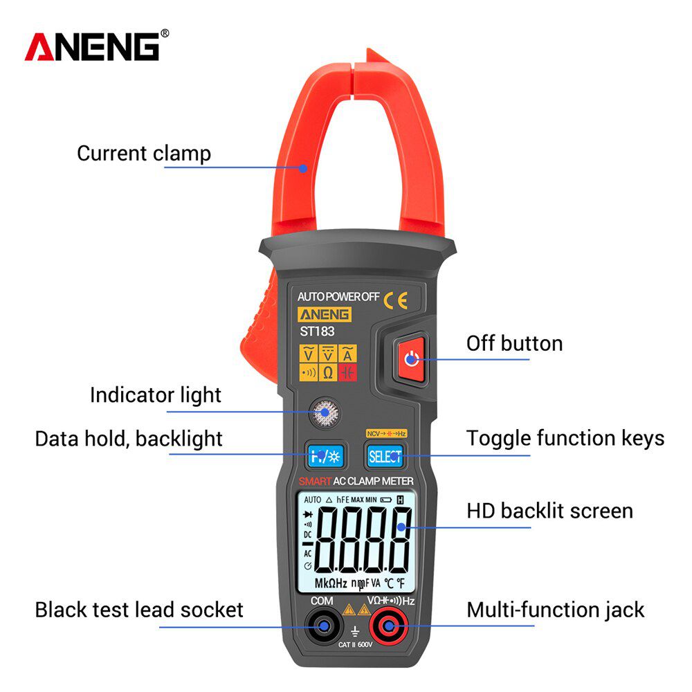 ST183 Digital Clamp Meter AC Current Multimeter DC/AC Voltage Ammeter Voltage Tester Amp Hz Capacitance NCV Ohm Test