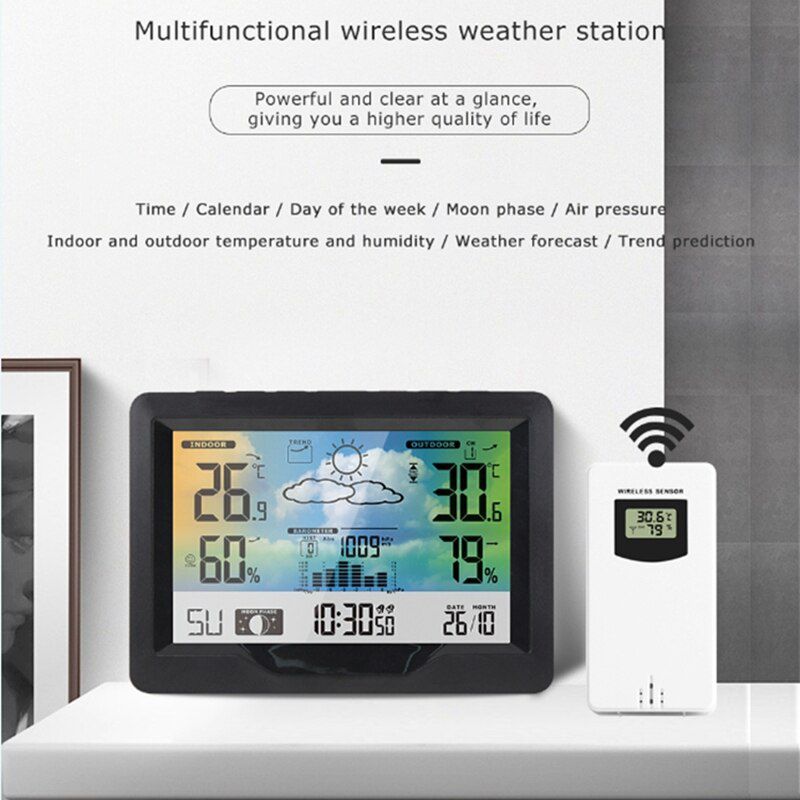 Wireless LCD Digital Weather Station Indoor Outdoor Thermometer Hygrometer Wall Barometer MoonPhase Weather Forecast Alarm Watch