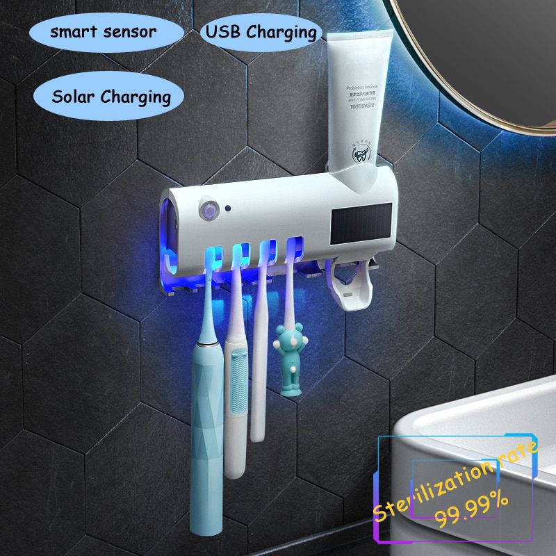 USB rechargeable Solar UV Light Ultraviolet Toothbrush Sterilizer Automatic Toothpaste Dispener Electric Toothbrush Holder