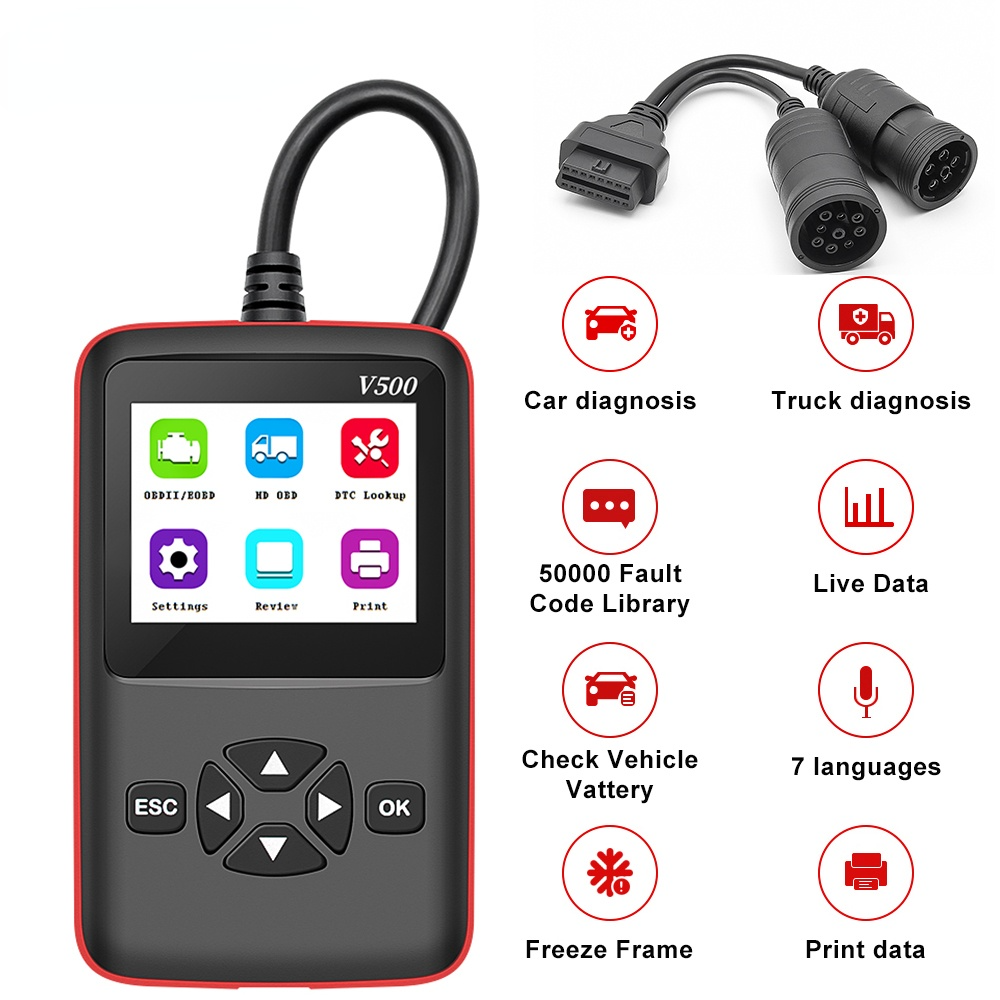 12V/24V Truck Car 2 in 1 OBD2 Engine Diagnostic Tool V500 V501 V502 J1939 J1587 J1708 Fault Code Reader OBD 2 Scanner Auto Tool Russian