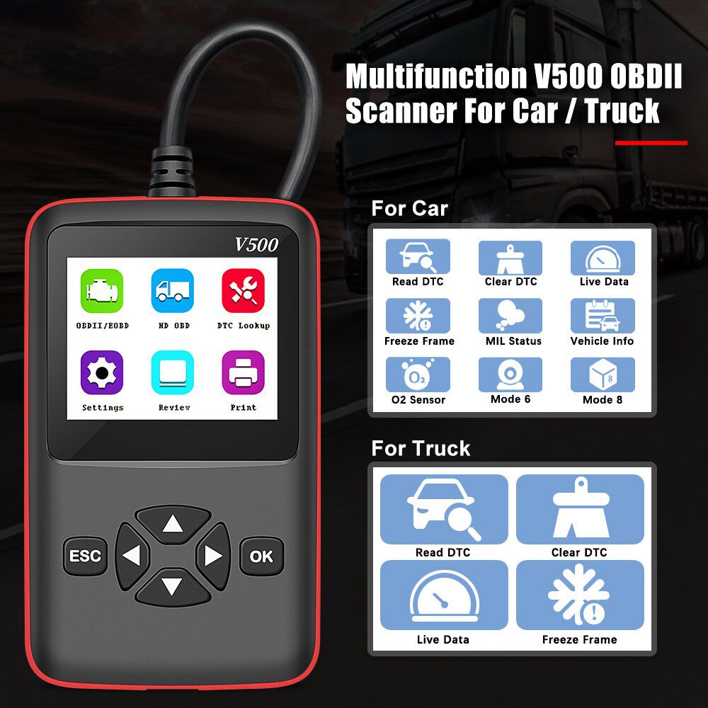 12V/24V Truck Car 2 in 1 OBD2 Engine Diagnostic Tool V500 V501 V502 J1939 J1587 J1708 Fault Code Reader OBD 2 Scanner Auto Tool Russian