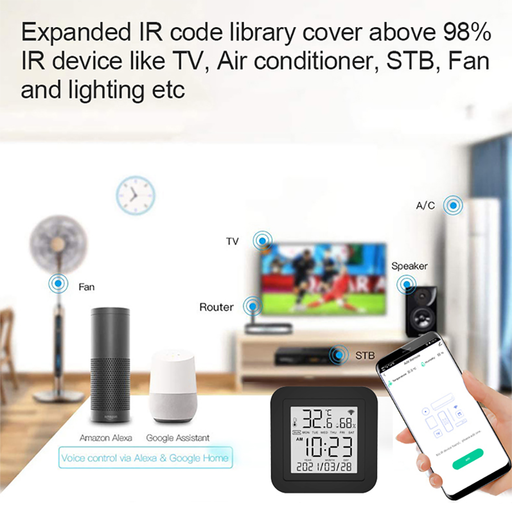 Tuya WiFi Smart IR Remote with Temperature Humidity Sensor Date Display for Air Conditioner TV AC Works with Alexa,Google Home