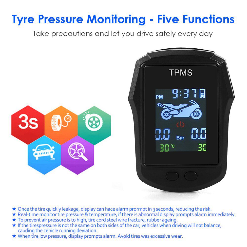 Waterproof Motorcycle TPMS USB Solar Motorbike Electric Bike Tire Tyre Pressure Monitoring Alarm Systems with External Sensors