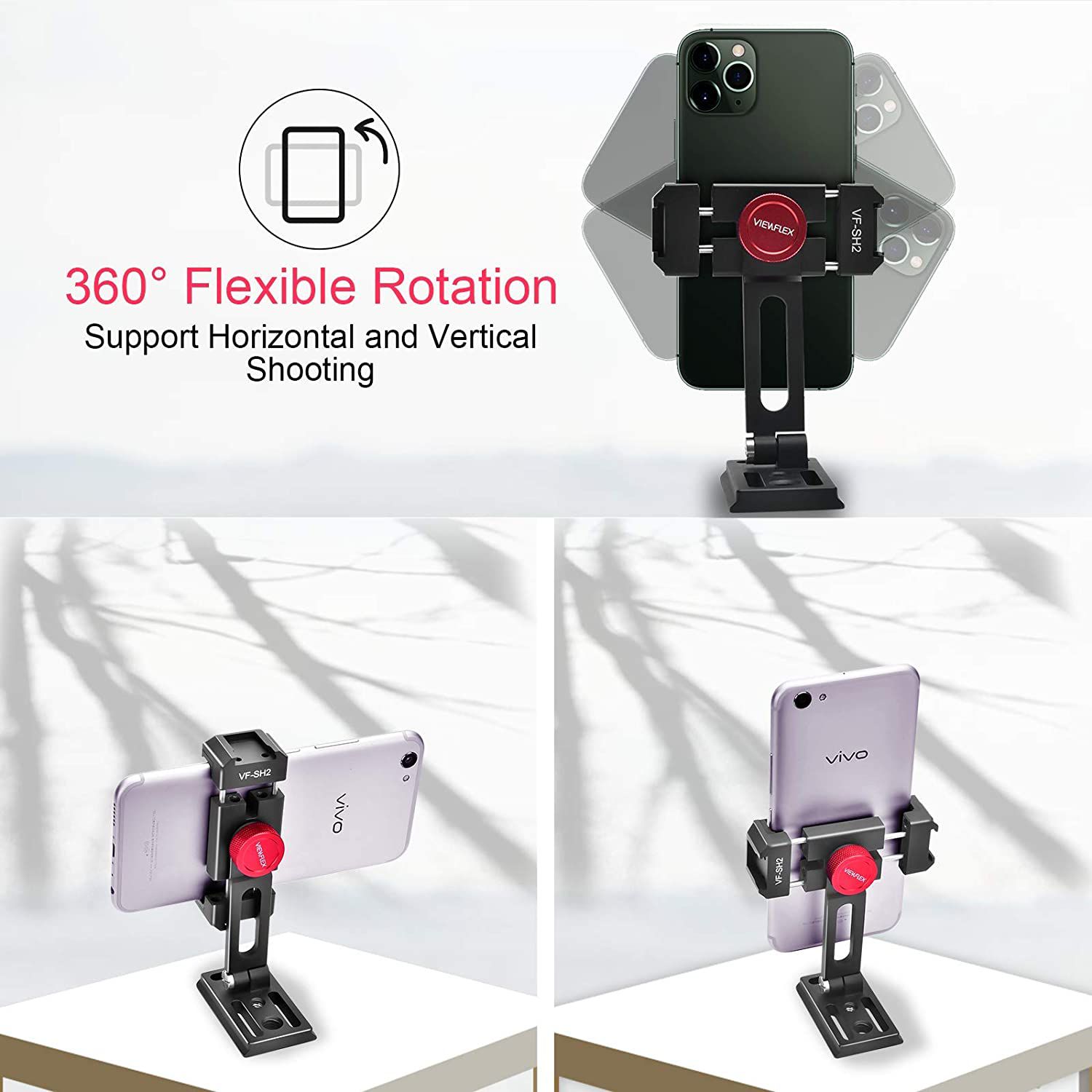 VF-SH2 Smartphone Holder Mount Adapter with Cold Shoes Rotate Vertical and Horizontal for iPhone Samsung Android Phones