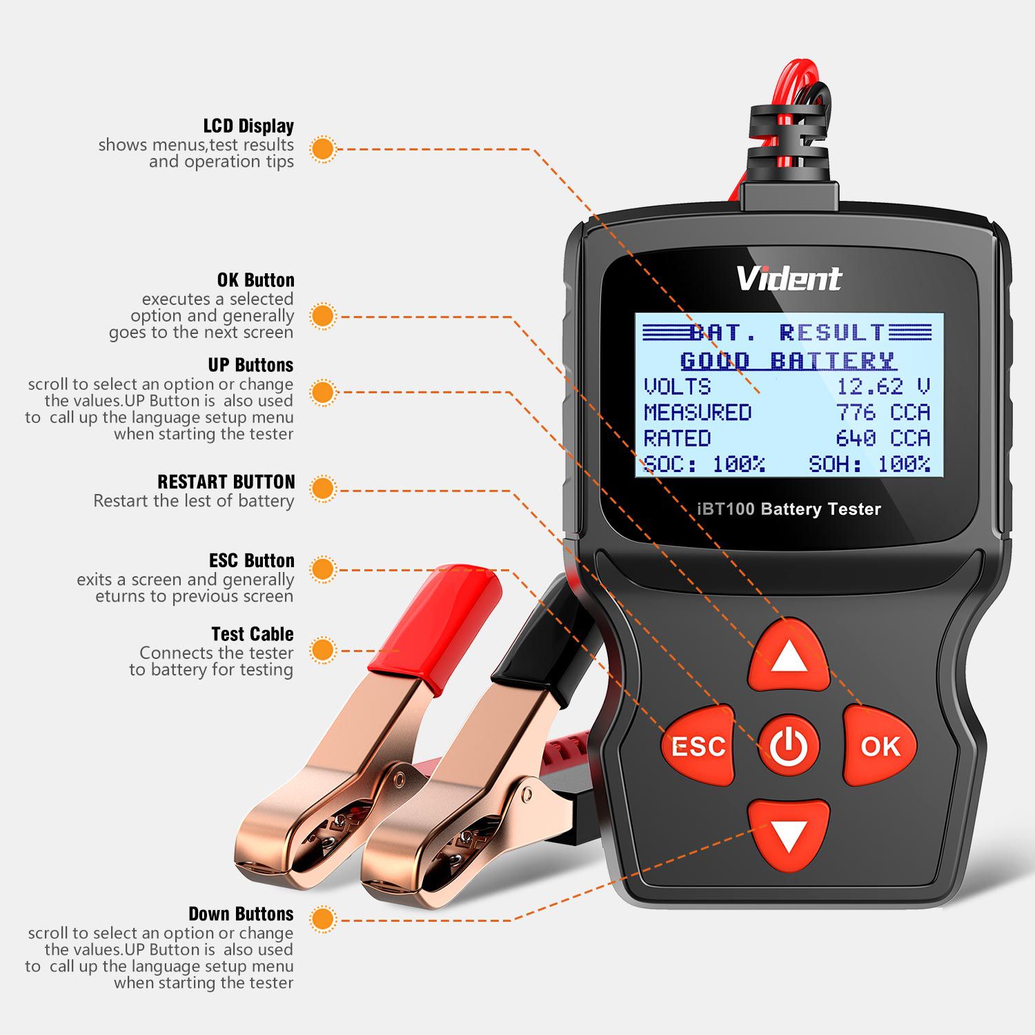 Vident iBT100 12V Battery Analyzer for Flooded, AGM,GEL 100-1100CCA Automotive Tester Diagnostic Tool