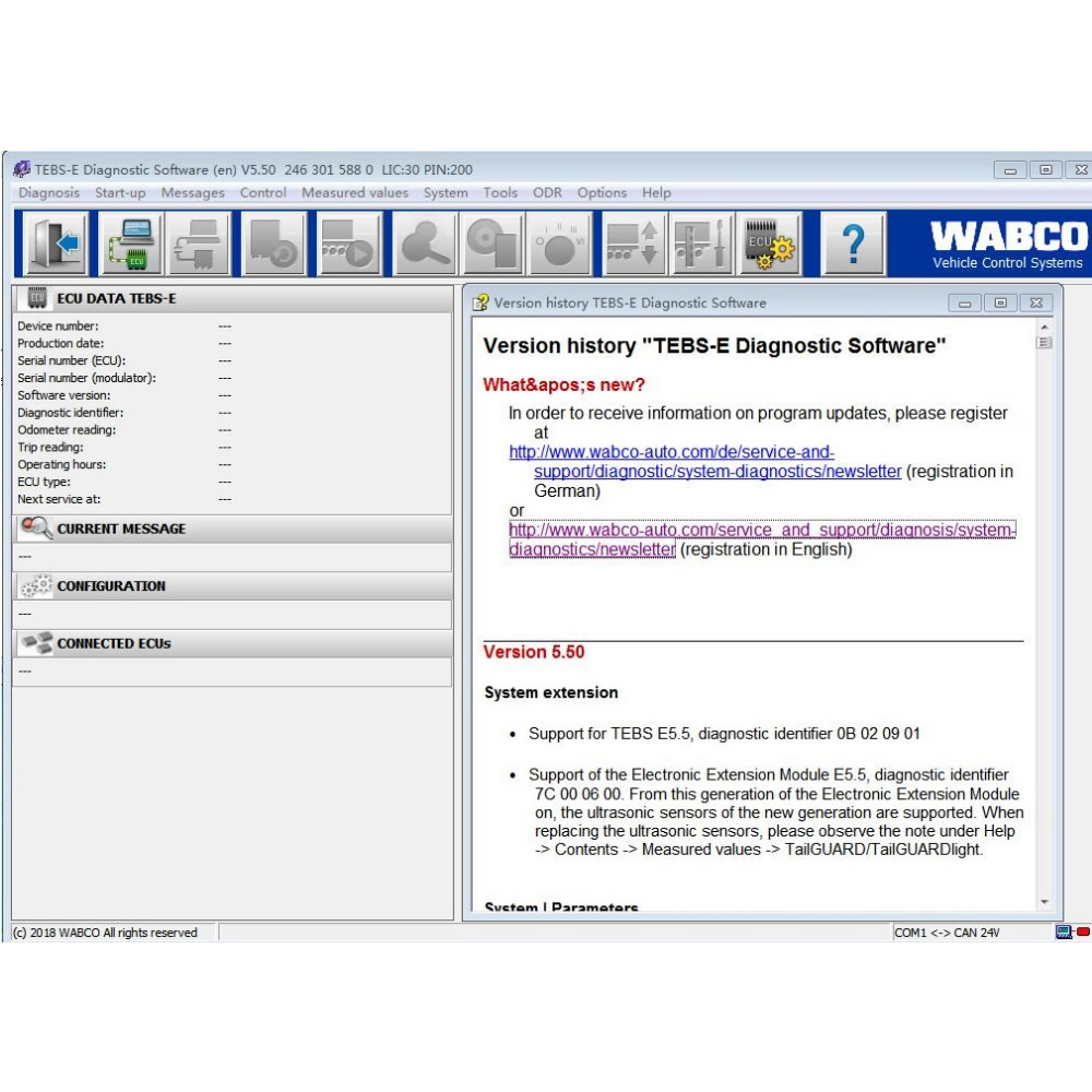 Wabco Diagnostic Software Wabco TEBS-E 5.50 + PIN Calculator + New Activator English and German Version