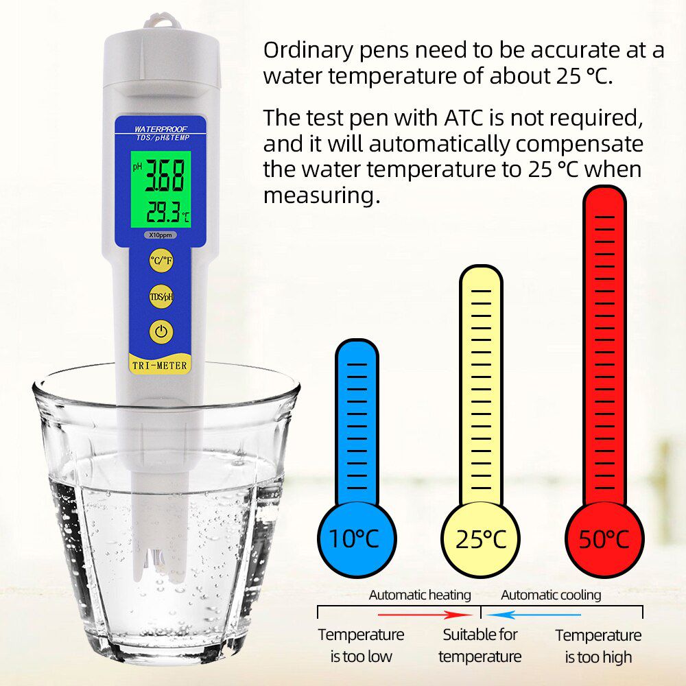 Multi-parameter 3 in 1 Waterproof pH/TDS & Temp meter Digital PH Meter 0.01 ATC Water Quality Acidometer for Aquarium