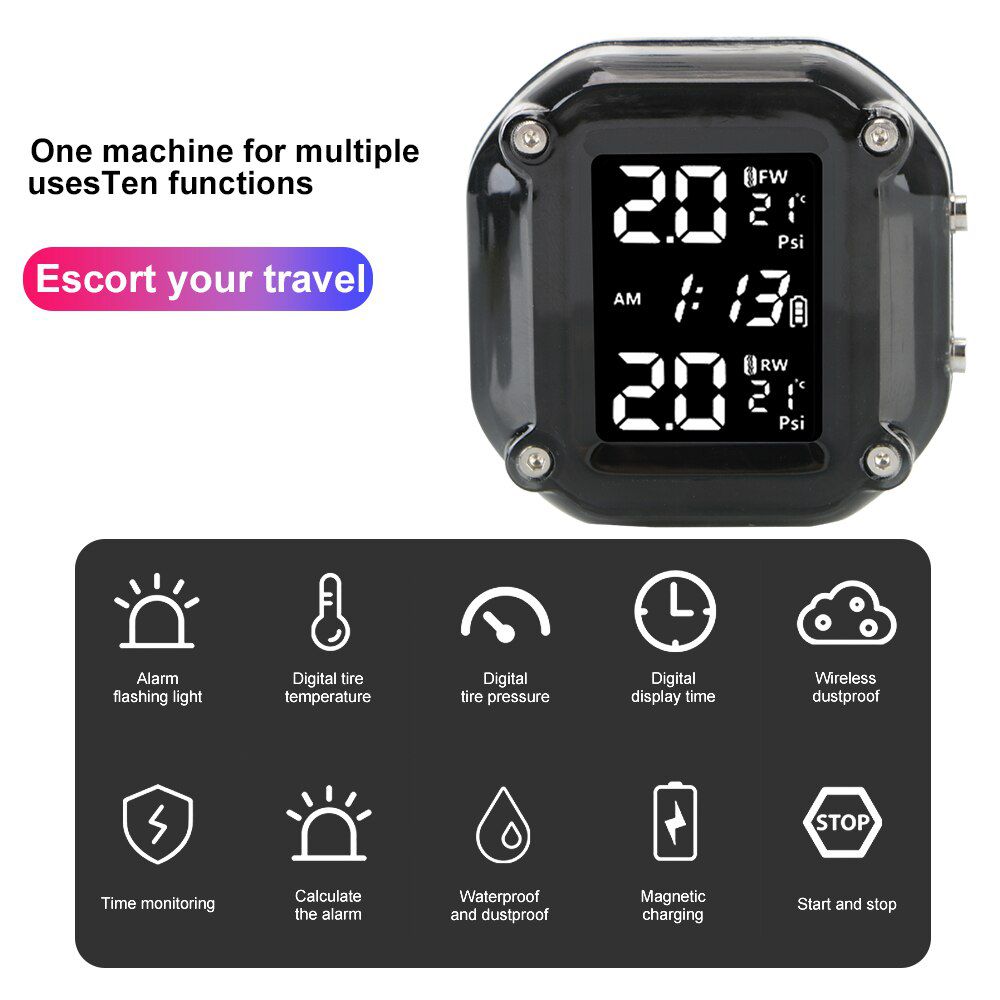 Wireless LCD Display Motorcycle TPMS Tyre Temperature With 2 External Sensors Motor Tire Pressure Monitoring Alarm System