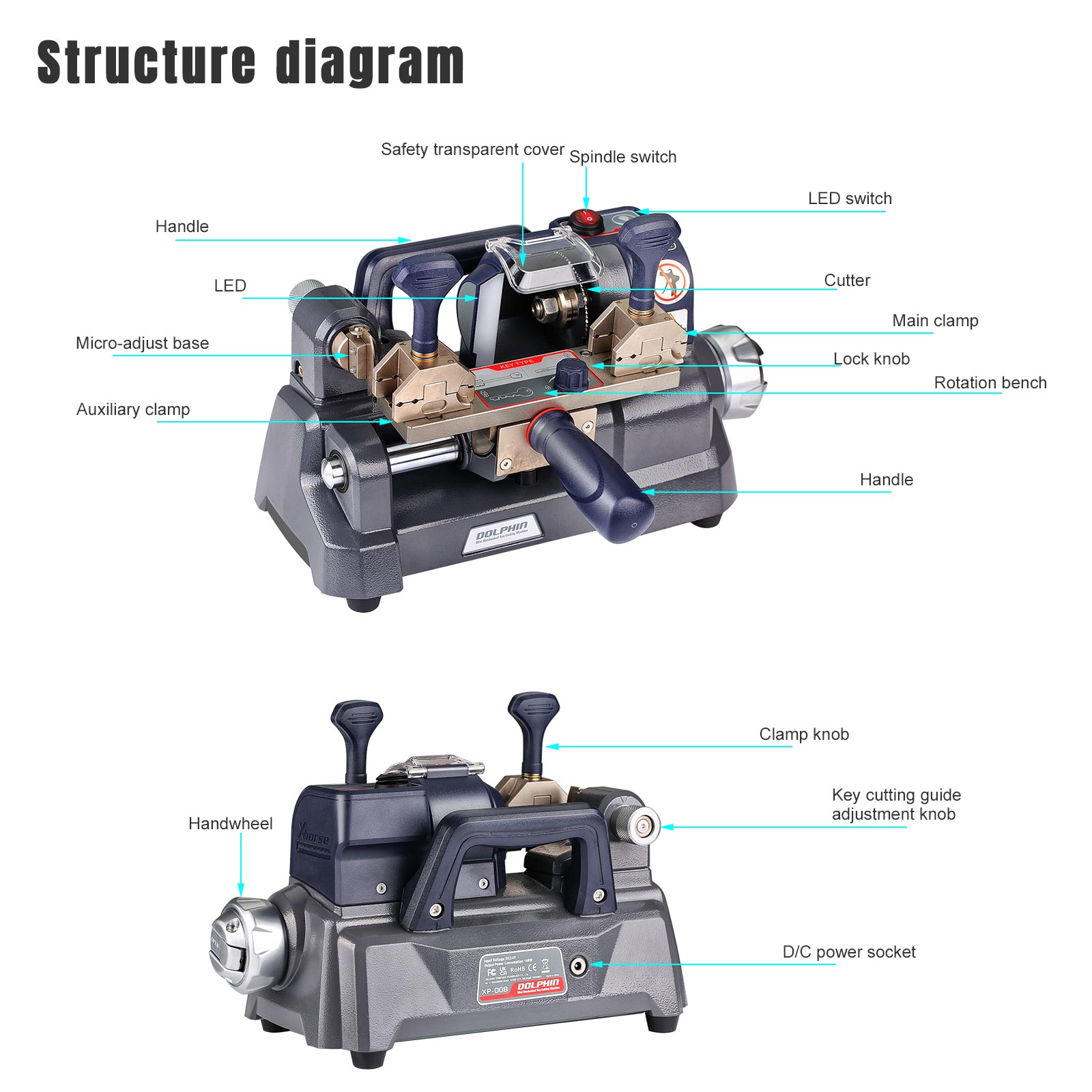 2022 Newest Xhorse Dolphin XP-008 Key Cutting Machine Mini Mechanical for Special Bit/ Double Bit Keys