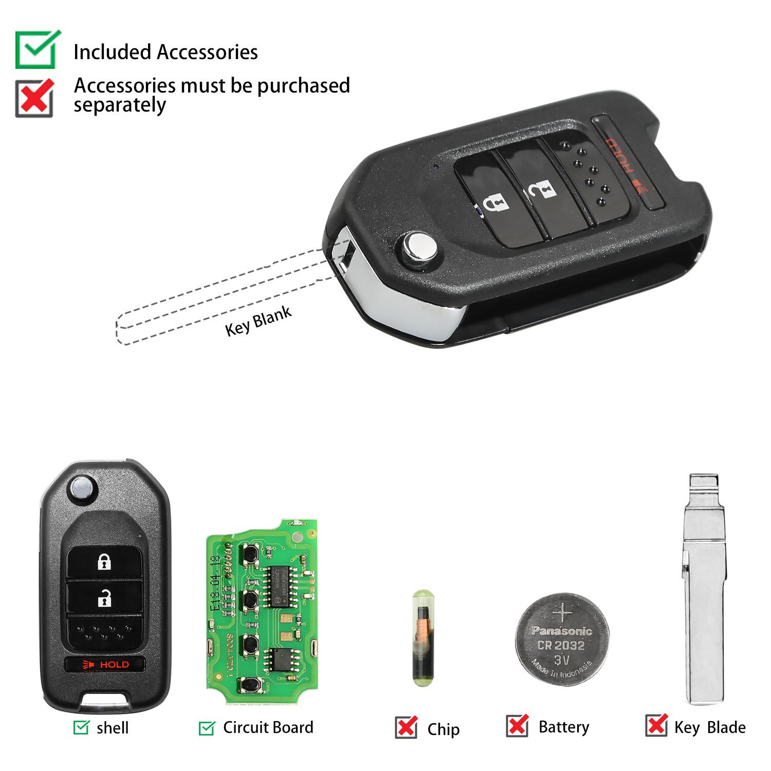 Xhorse XKHO02EN Universal Remote Key Fob 2+1 Button for Honda Type for VVDI Key Tool English Version 5pcs/lot