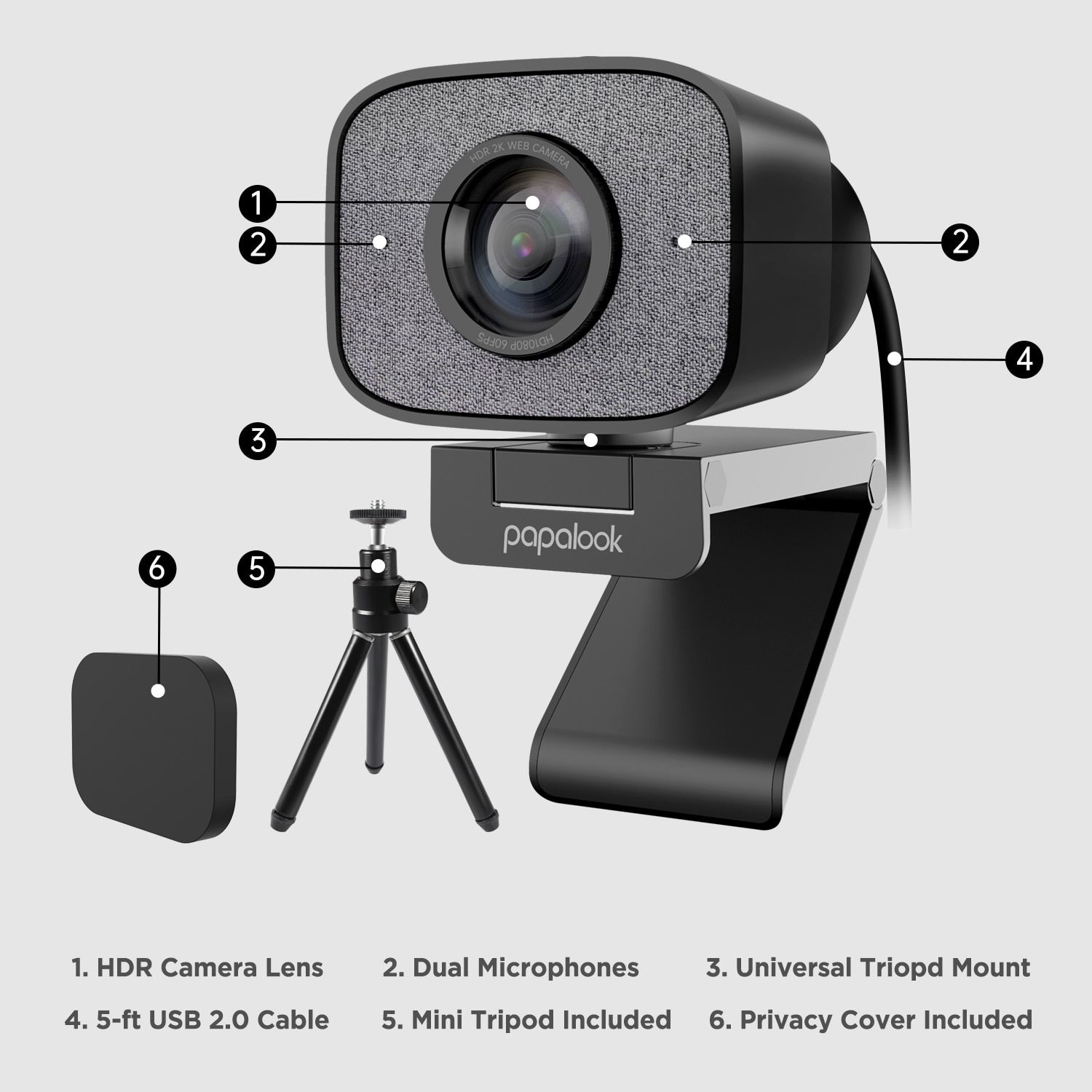 60FPS 1080P Webcam PC, PAPALOOK PA930 2K HDR Streaming L