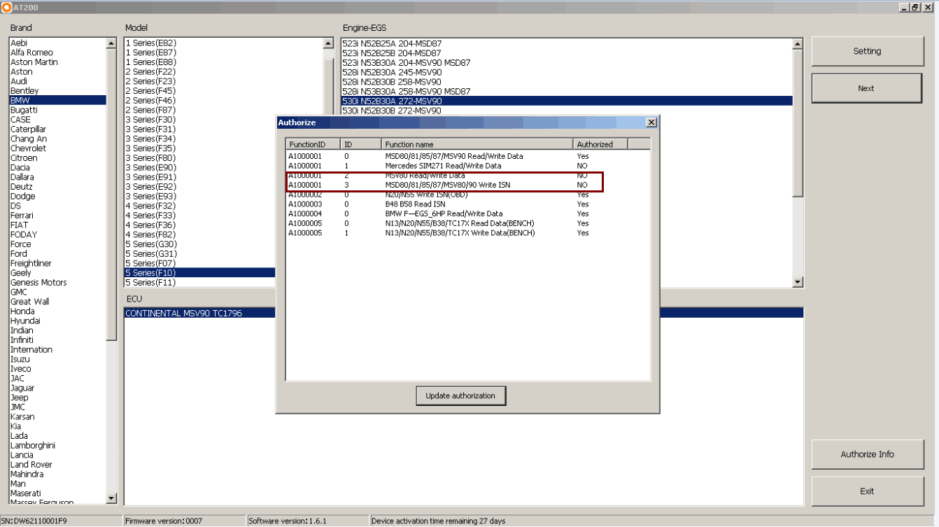 AT-200 Update for BMW MSD80/MSD81/MSD85/MSD87/MSV80/MSV90 Write ISN and MSV80 Read/Write ISN, Backup and Restore Data