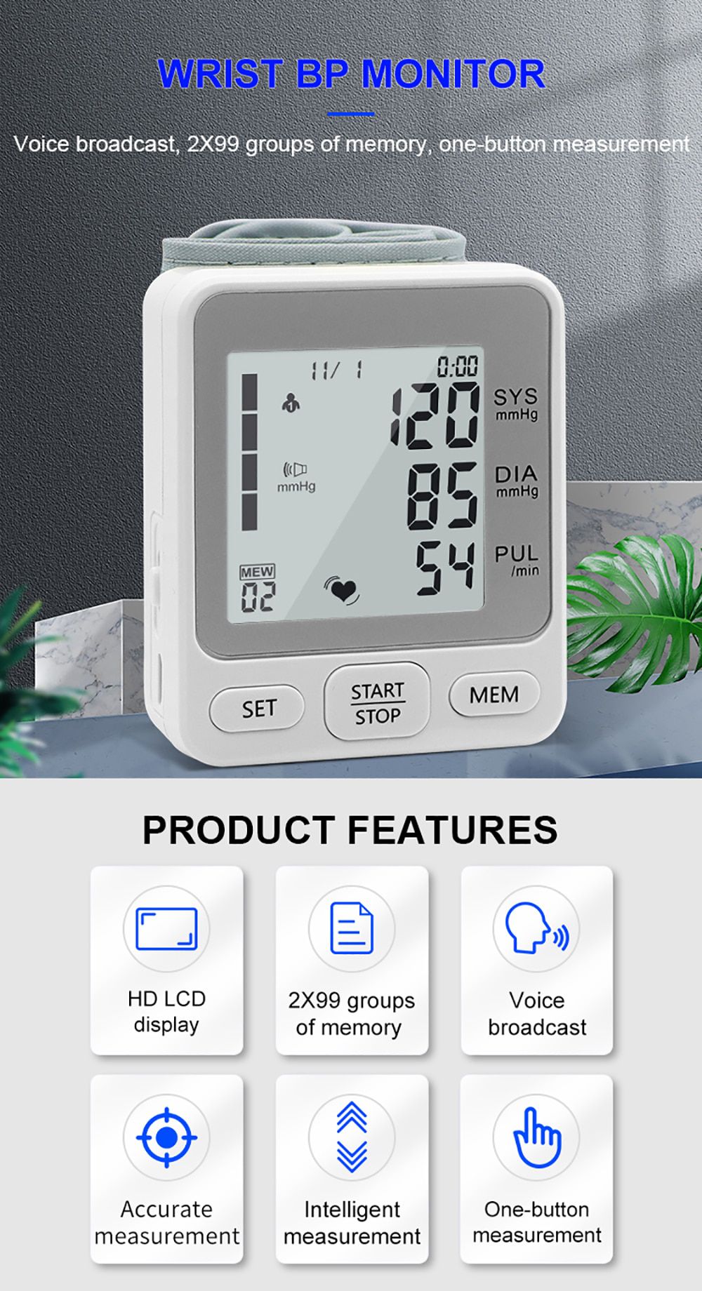 Rechargeable Voice Wrist Blood Pressure Monitor 