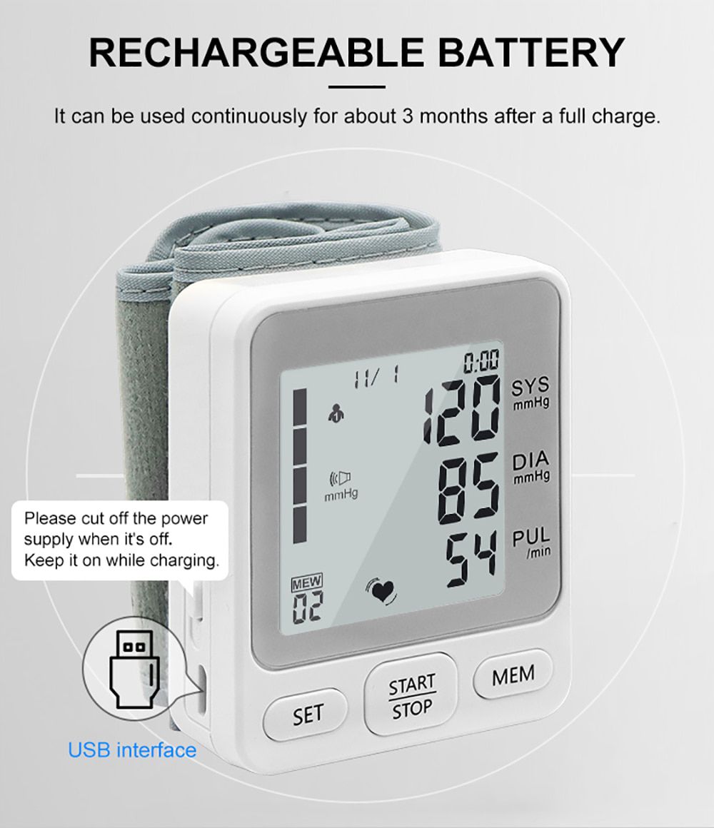 Rechargeable Voice Wrist Blood Pressure Monitor 